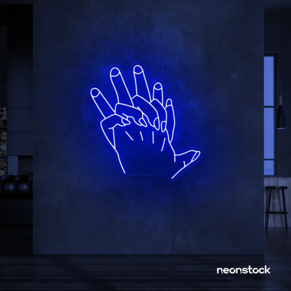 Holding hands neon sign in dark blue – emotional LED wall decor.