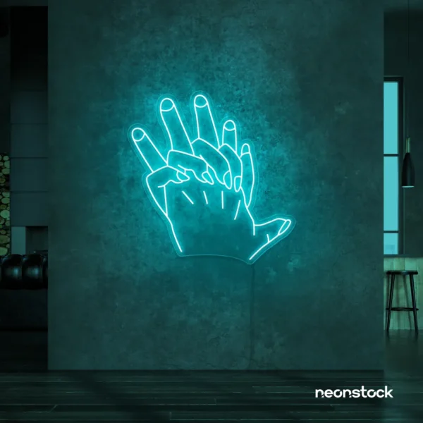 Holding hands neon sign in mint green – emotional LED wall decor.