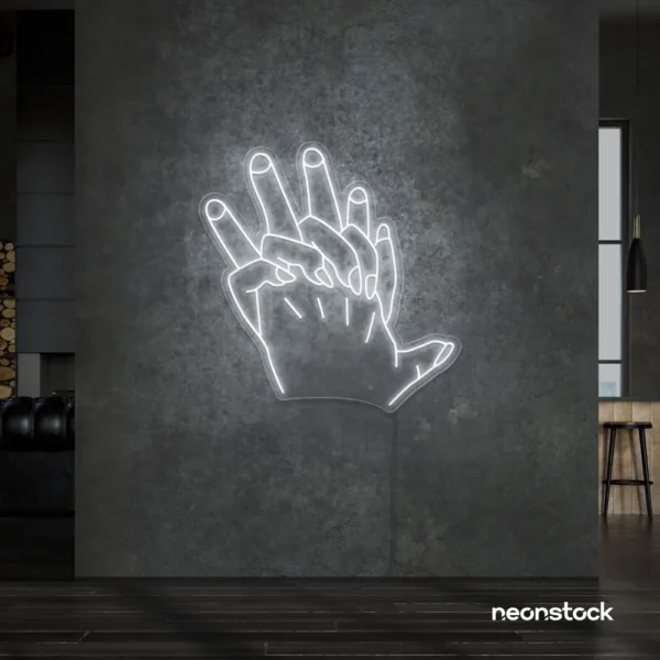 Holding hands neon sign in white – emotional LED wall decor.