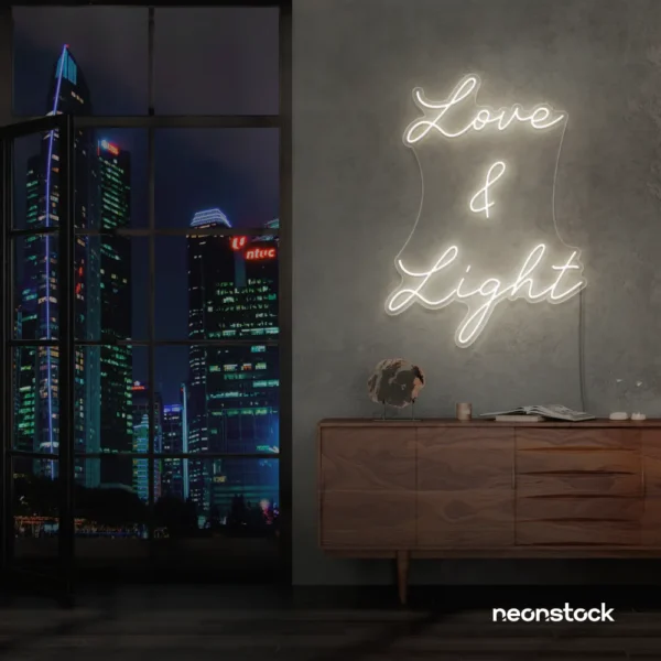 Love and Light neon sign in neutral white for weddings, romantic decor, and celebration backdrops.