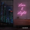 Love and Light neon sign in baby pink for weddings, romantic decor, and celebration backdrops.