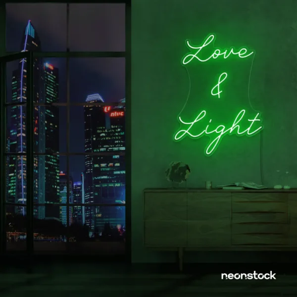 Love and Light neon sign in deep green for weddings, romantic decor, and celebration backdrops.
