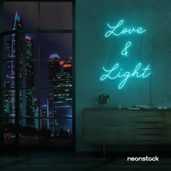 Love and Light neon sign in mint green for weddings, romantic decor, and celebration backdrops.