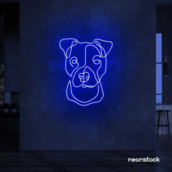 Pitbull dog neon sign in dark blue for pet decor, dog lovers, and modern interiors.