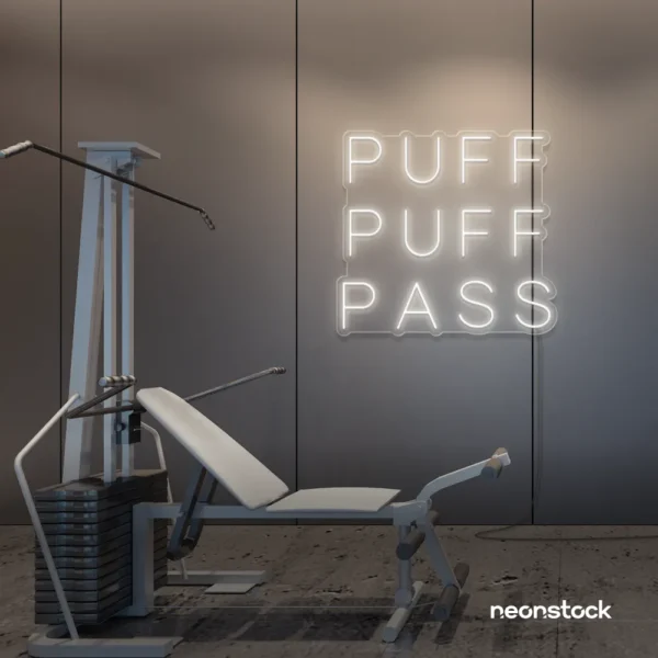 Puff Puff Pass neon sign in neutral white for man caves, smoking lounges, and garage walls.