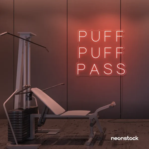 Puff Puff Pass neon sign in pink for man caves, smoking lounges, and garage walls.