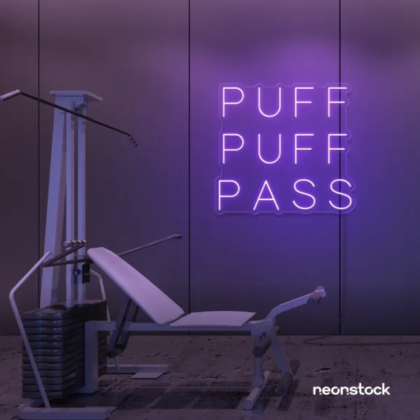 Puff Puff Pass neon sign in purple for man caves, smoking lounges, and garage walls.