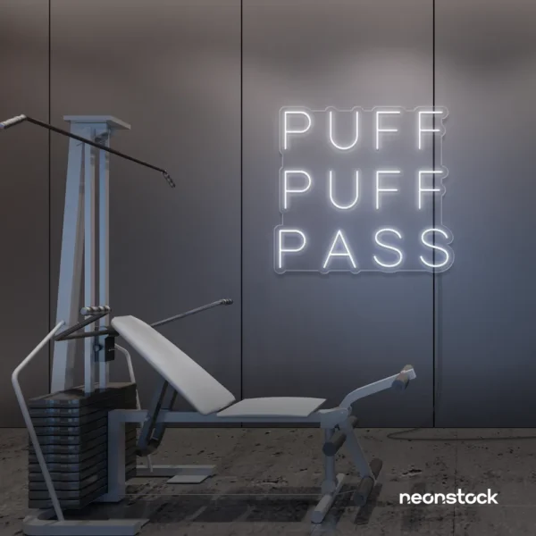 Puff Puff Pass neon sign in neutral white for man caves, smoking lounges, and garage walls.