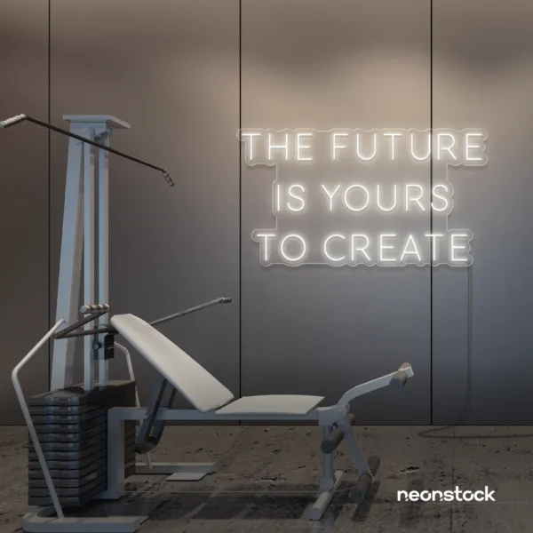 The Future Is Yours To Create neon sign in neutral white for dream boards, entrepreneur decor, and creative offices.