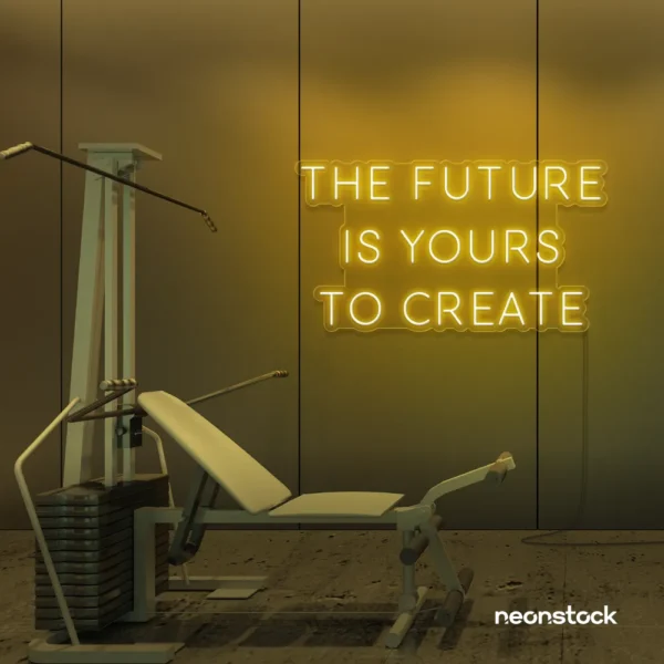 The Future Is Yours To Create neon sign in golden yellow for dream boards, entrepreneur decor, and creative offices.