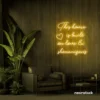 This Home Is Built on Love and Shenanigans neon sign in golden yellow for family walls, living rooms, and cozy decor.