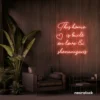 This Home Is Built on Love and Shenanigans neon sign in peachy pink for family walls, living rooms, and cozy decor.
