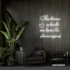 This Home Is Built on Love and Shenanigans neon sign in white for family walls, living rooms, and cozy decor.