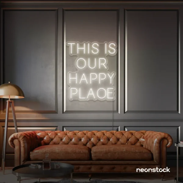 This Is Our Happy Place neon sign in neutral white for home entryways, cozy rooms, and joyful wall decor.