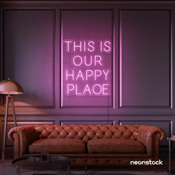 This Is Our Happy Place neon sign in baby pink for home entryways, cozy rooms, and joyful wall decor.