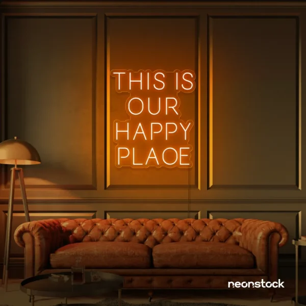 This Is Our Happy Place neon sign in orange for home entryways, cozy rooms, and joyful wall decor.