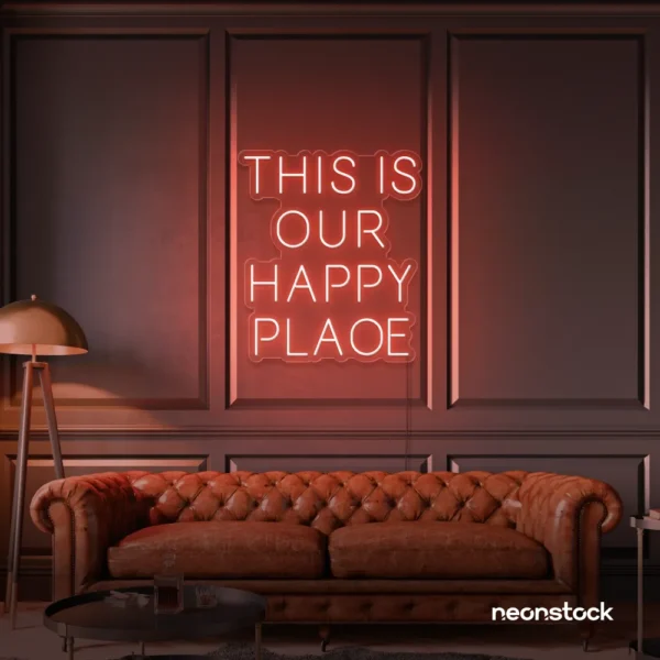 This Is Our Happy Place neon sign in peachy pink for home entryways, cozy rooms, and joyful wall decor.