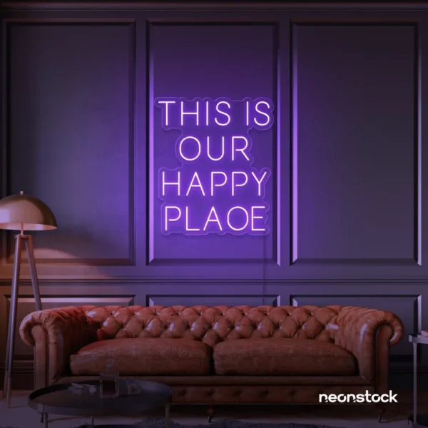 This Is Our Happy Place neon sign in purple for home entryways, cozy rooms, and joyful wall decor.