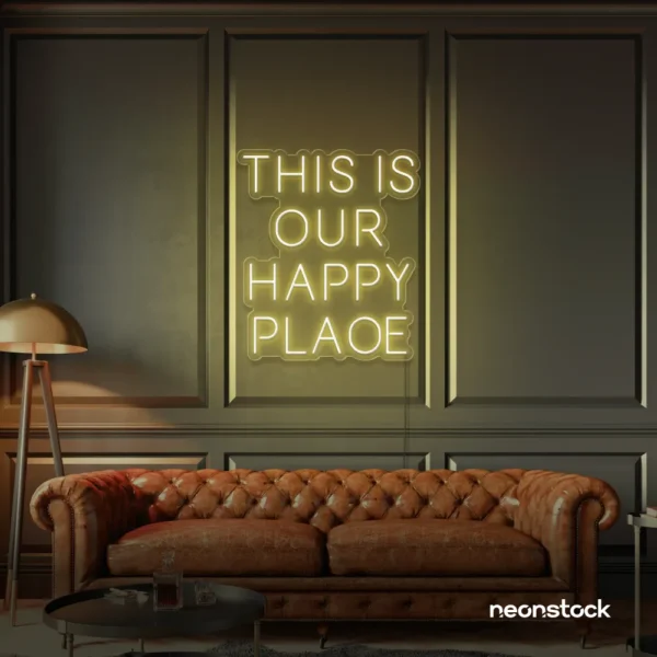 This Is Our Happy Place neon sign in warm white for home entryways, cozy rooms, and joyful wall decor.