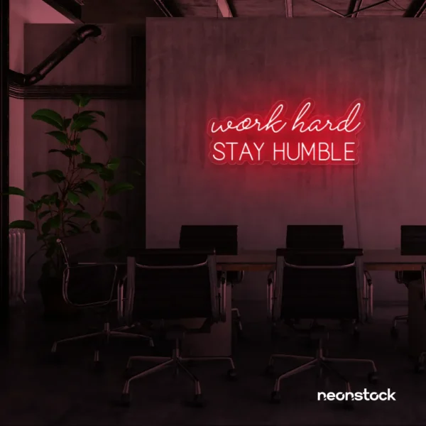 Work Hard Stay Humble neon sign in red for success-driven decor, workspaces, and personal growth rooms.