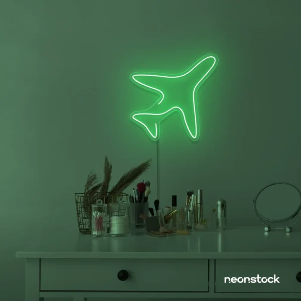 Aeroplane neon sign in green for kids' rooms, nursery travel themes, and pilot-inspired decor.