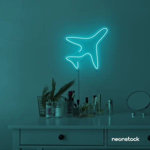 Aeroplane neon sign in mint green for kids' rooms, nursery travel themes, and pilot-inspired decor.