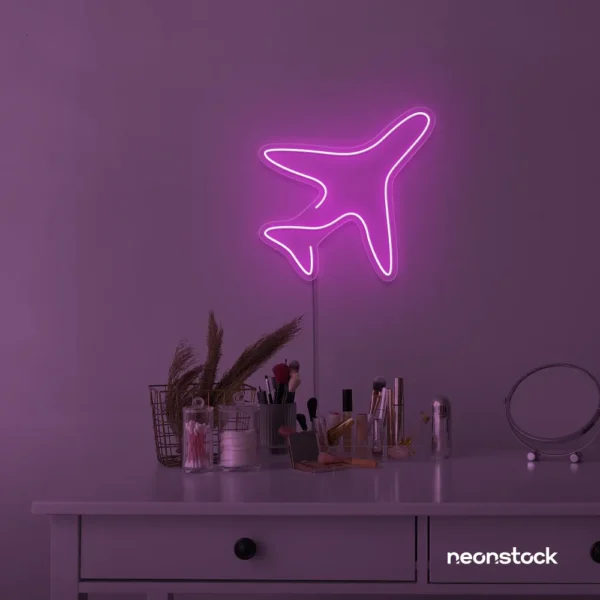 Aeroplane neon sign in pink for kids' rooms, nursery travel themes, and pilot-inspired decor.