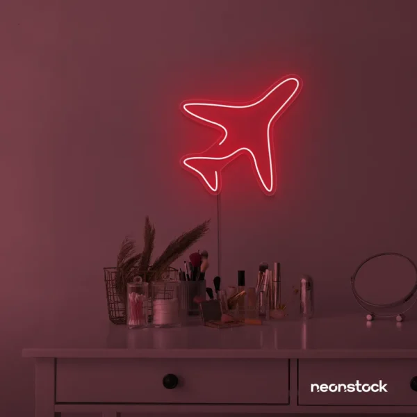 Aeroplane neon sign in red for kids' rooms, nursery travel themes, and pilot-inspired decor.