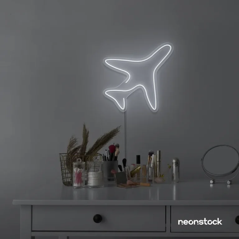 Aeroplane neon sign in white for kids' rooms, nursery travel themes, and pilot-inspired decor.