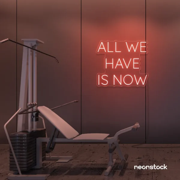 All We Have Is Now neon sign in peachy pink for modern wall decor, dorms, and cozy interiors.