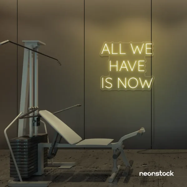 All We Have Is Now neon sign in warm white for modern wall decor, dorms, and cozy interiors.
