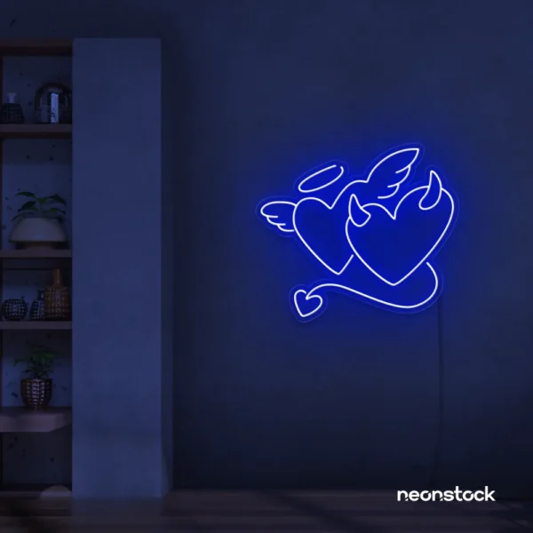Devil and angel heart neon sign in dark blue for romantic and edgy room decor.