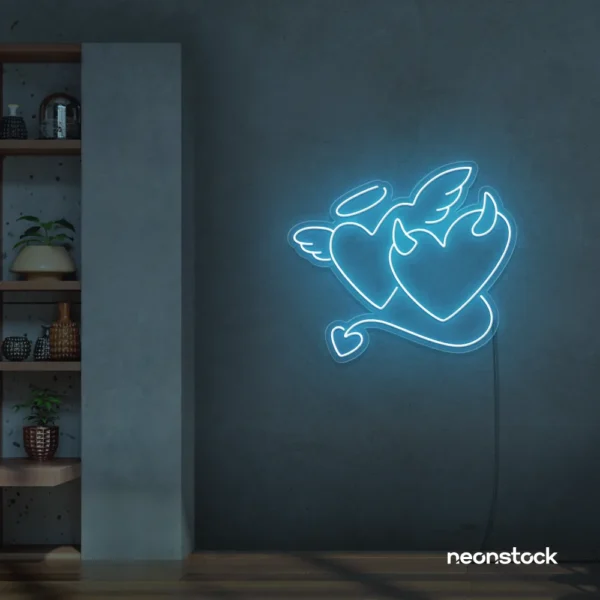 Devil and angel heart neon sign in ice blue for romantic and edgy room decor.