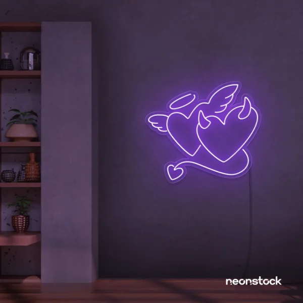 Devil and angel heart neon sign in purple for romantic and edgy room decor.