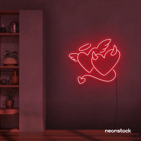 Devil and angel heart neon sign in red for romantic and edgy room decor.