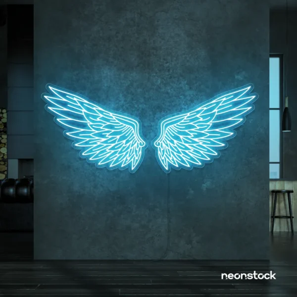 Elegant angel wings neon sign in ice blue for wall art or restaurant decor.