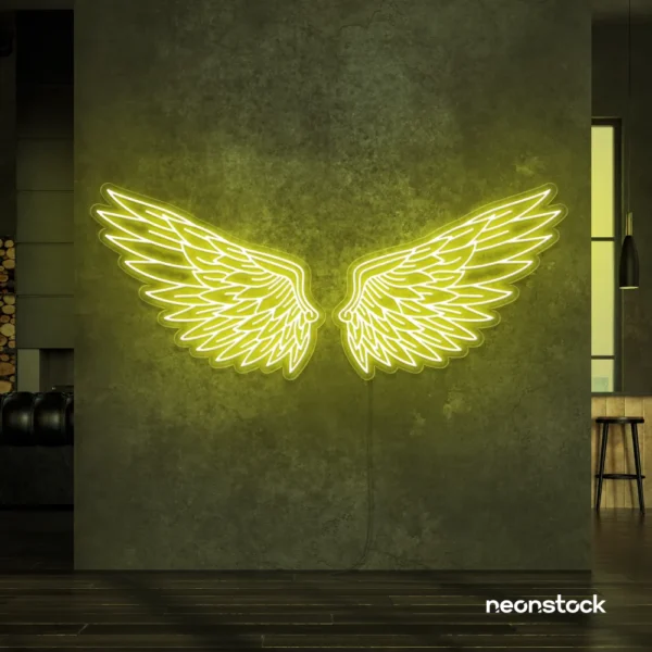 Elegant angel wings neon sign in lemon yellow for wall art or restaurant decor.