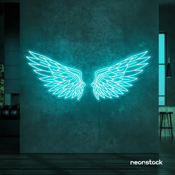 Elegant angel wings neon sign in mint green for wall art or restaurant decor.