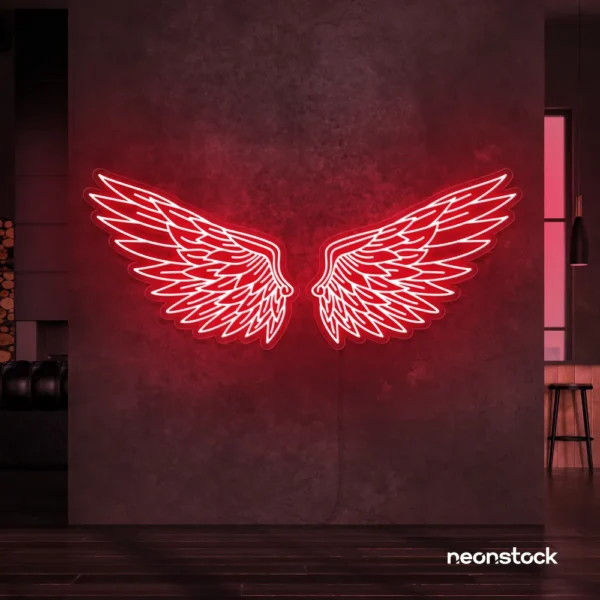 Elegant angel wings neon sign in red for wall art or restaurant decor.