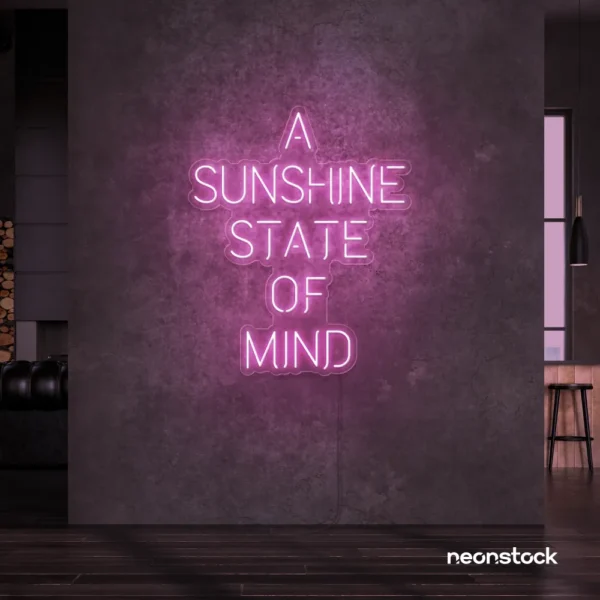 A Sunshine State of Mind neon sign in baby pink for beachy decor, positive vibes, and cozy spaces.
