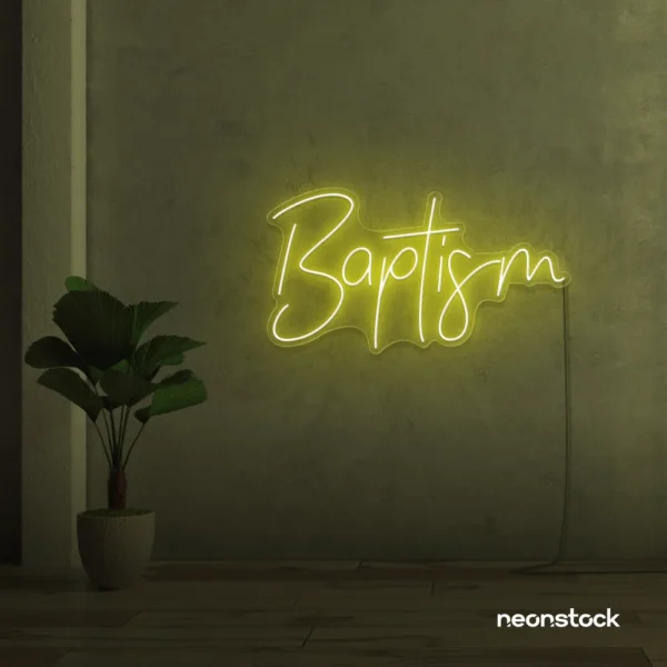 Baptism neon sign in lemon yellow for christening events and religious decor.