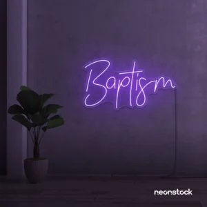 Baptism neon sign in purple for christening events and religious decor.