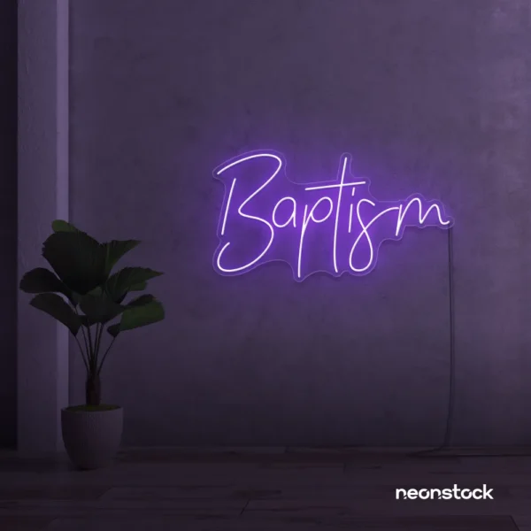Baptism neon sign in purple for christening events and religious decor.