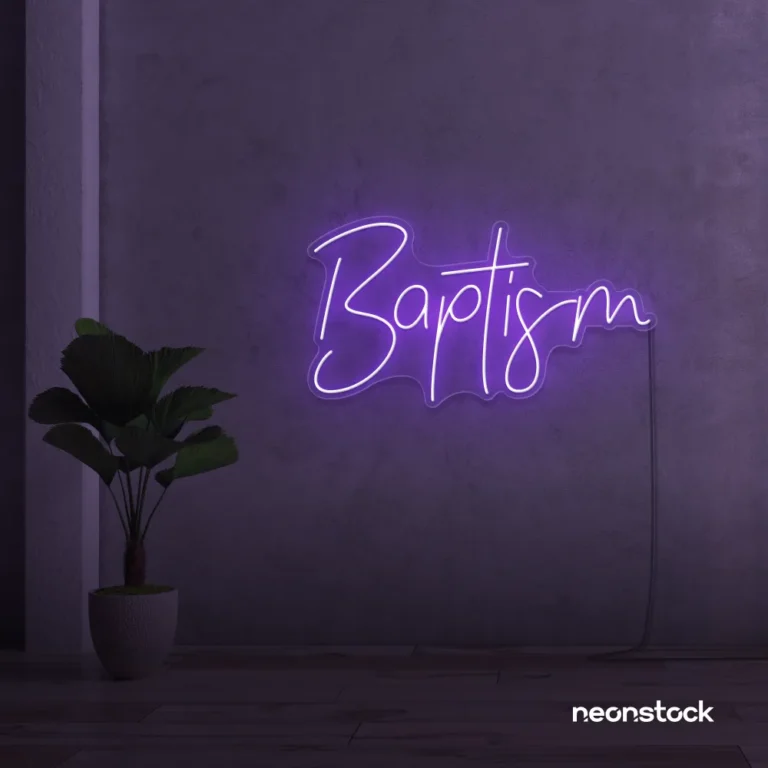 Baptism neon sign in purple for christening events and religious decor.