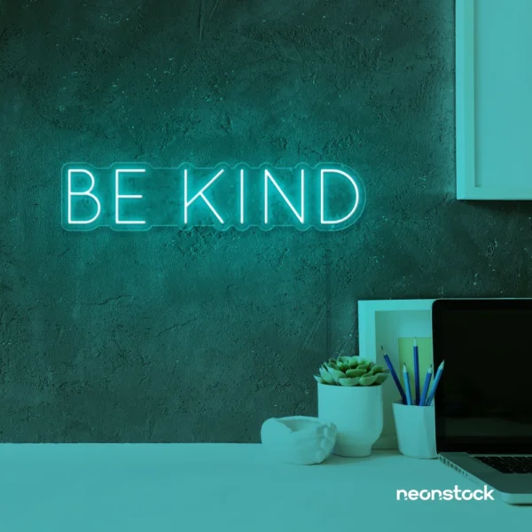 Be Kind neon sign in mint green for wellness spaces, classrooms, offices, and mindful decor.