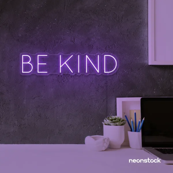 Be Kind neon sign in purple for wellness spaces, classrooms, offices, and mindful decor.