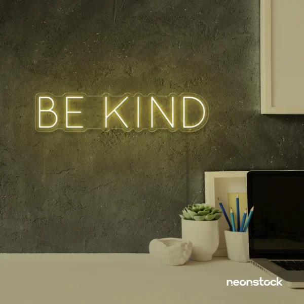 Be Kind neon sign in warm white for wellness spaces, classrooms, offices, and mindful decor.