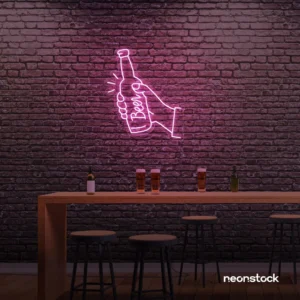 Beer bottle neon sign in baby pink for bar or man cave wall decor.