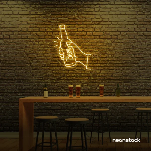 Beer bottle neon sign in golden yellow for bar or man cave wall decor.