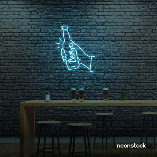 Beer bottle neon sign in ice blue for bar or man cave wall decor.
